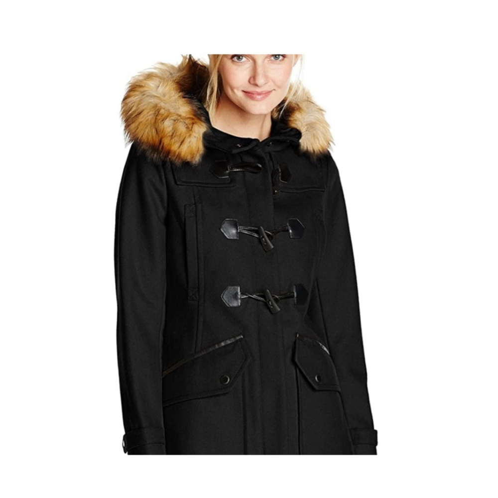 Marc New York Wool-Blend Toggle Coat Faux Fur Hood Black Size 12 Preloved